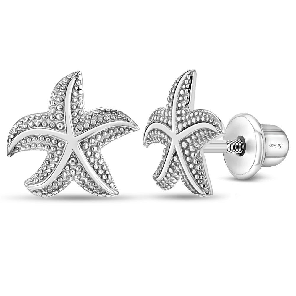 Florida Starfish Kids / Children's / Girls Earrings Screw Back - Sterling Silver
