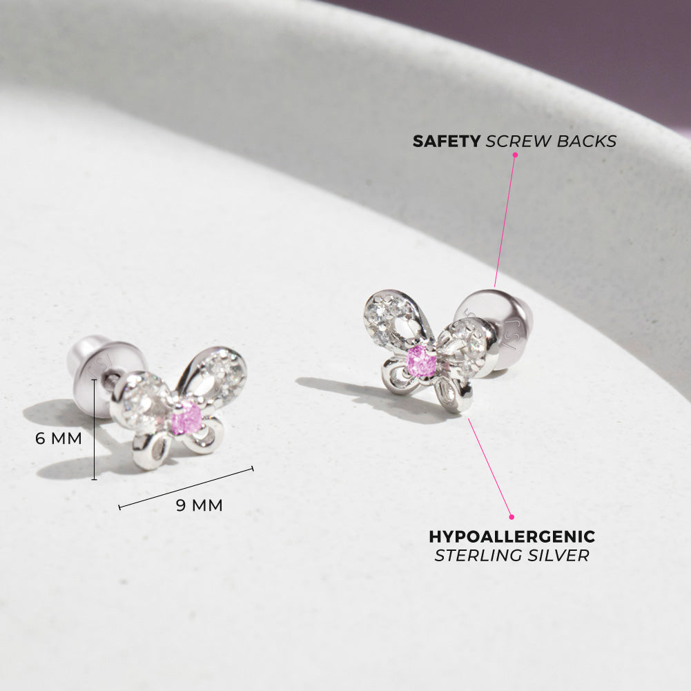 Petite Jeweled Butterfly Baby / Toddler / Kids Earrings Screw Back - Sterling Silver