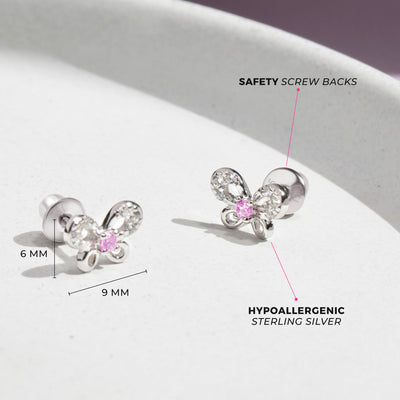 Petite Jeweled Butterfly Baby / Toddler / Kids Earrings Screw Back - Sterling Silver