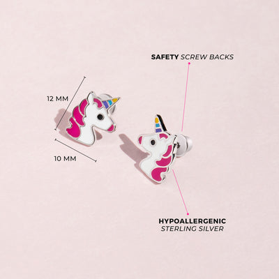 Rainbow Unicorn Kids / Children's / Girls Earrings Screw Back Enamel - Sterling Silver
