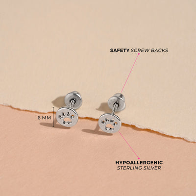 Dog Paw Coin Kids / Children's / Girls Earrings Screw Back - Sterling Silver