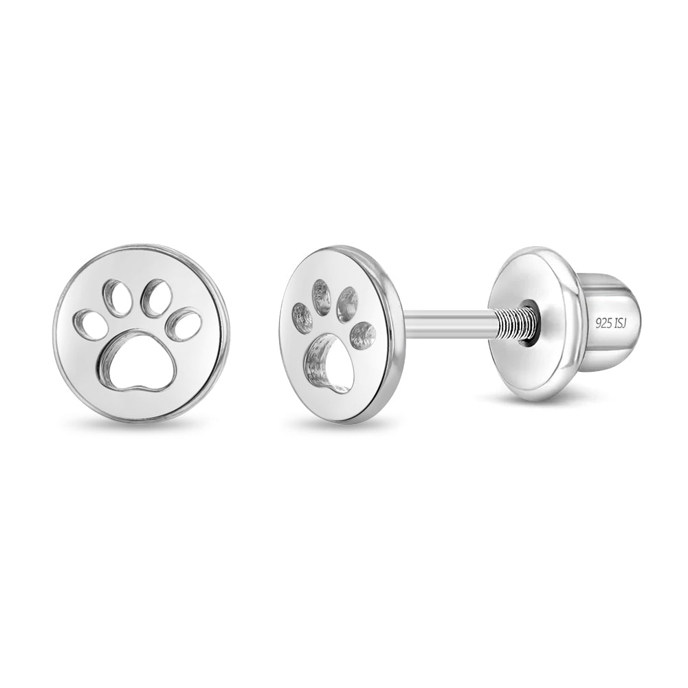 Dog Paw Coin Kids / Children's / Girls Earrings Screw Back - Sterling Silver