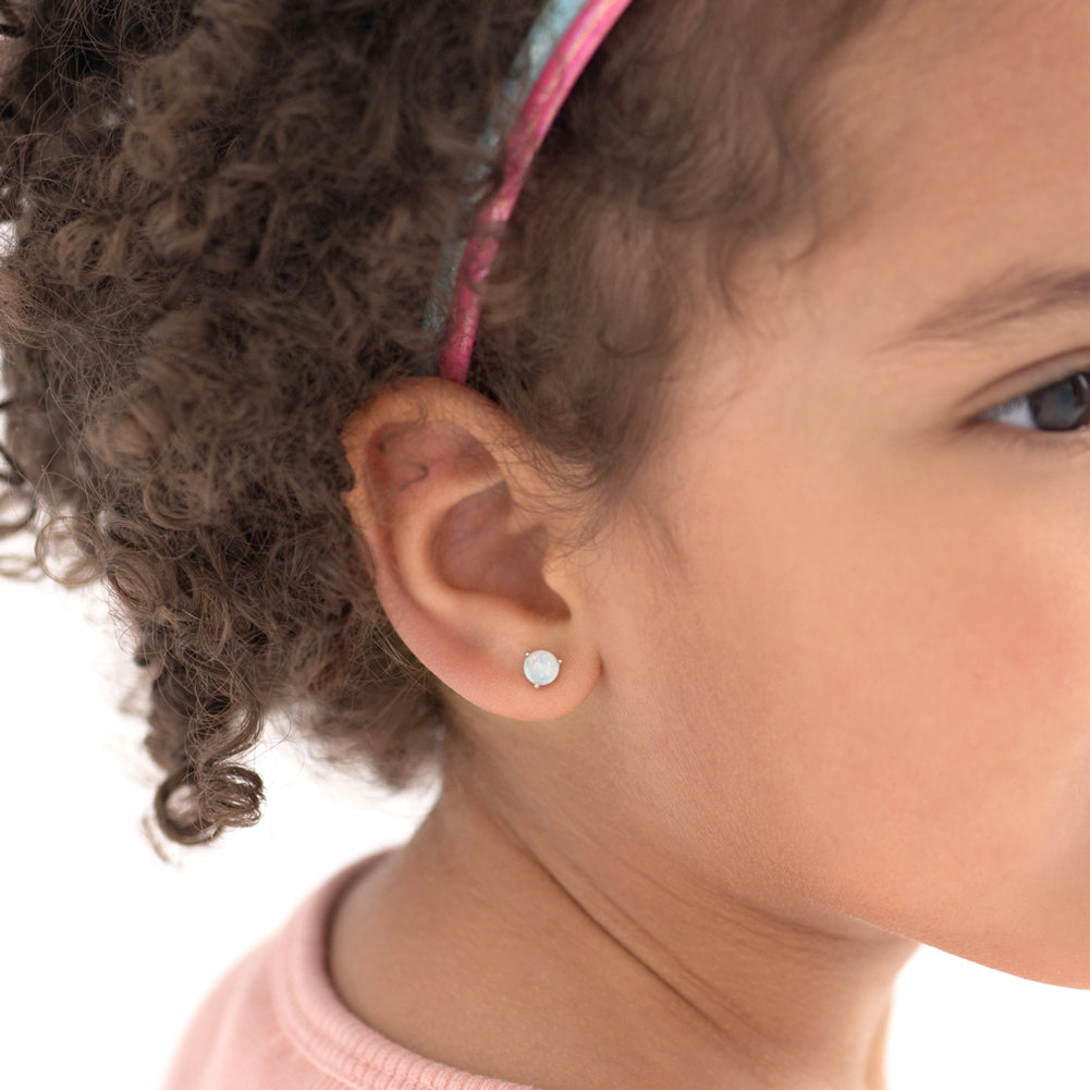 Opal Prong Kids / Children's / Girls Earrings Screw Back - Sterling Silver