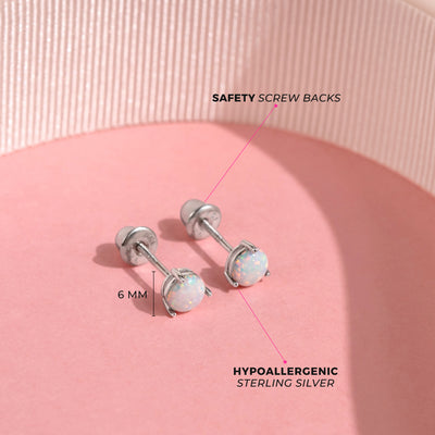 Opal Prong Kids / Children's / Girls Earrings Screw Back - Sterling Silver