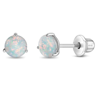Opal Prong Kids / Children's / Girls Earrings Screw Back - Sterling Silver