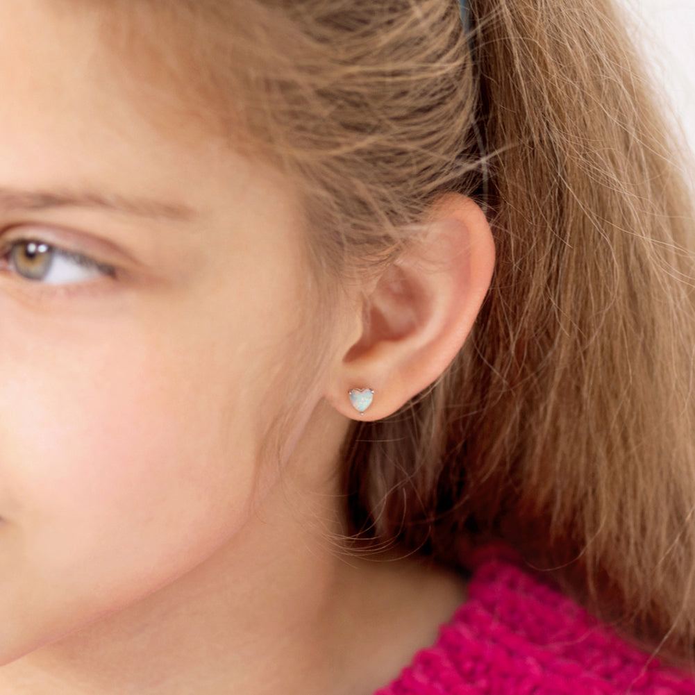 Opal Heart Kids / Children's / Girls Earrings Screw Back - Sterling Silver