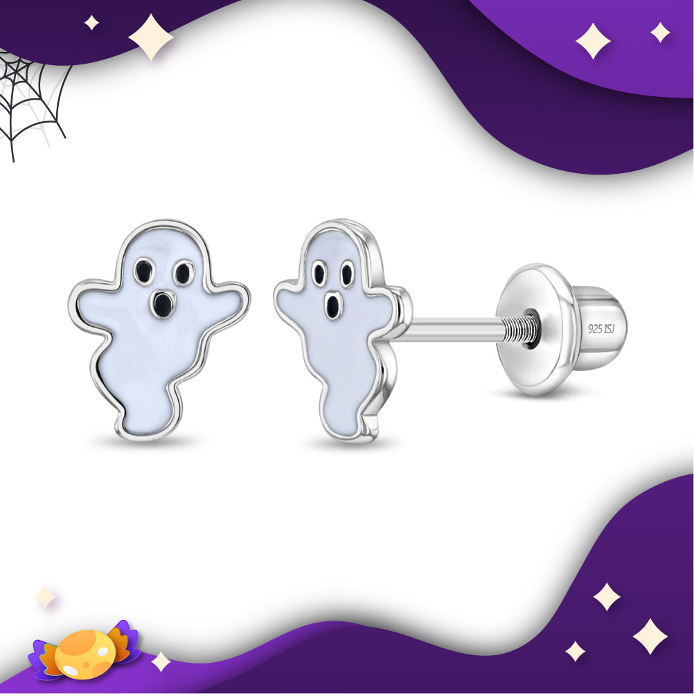 Ghostly Enamel Kids / Children's / Girls Earrings Screw Back Enamel - Sterling Silver