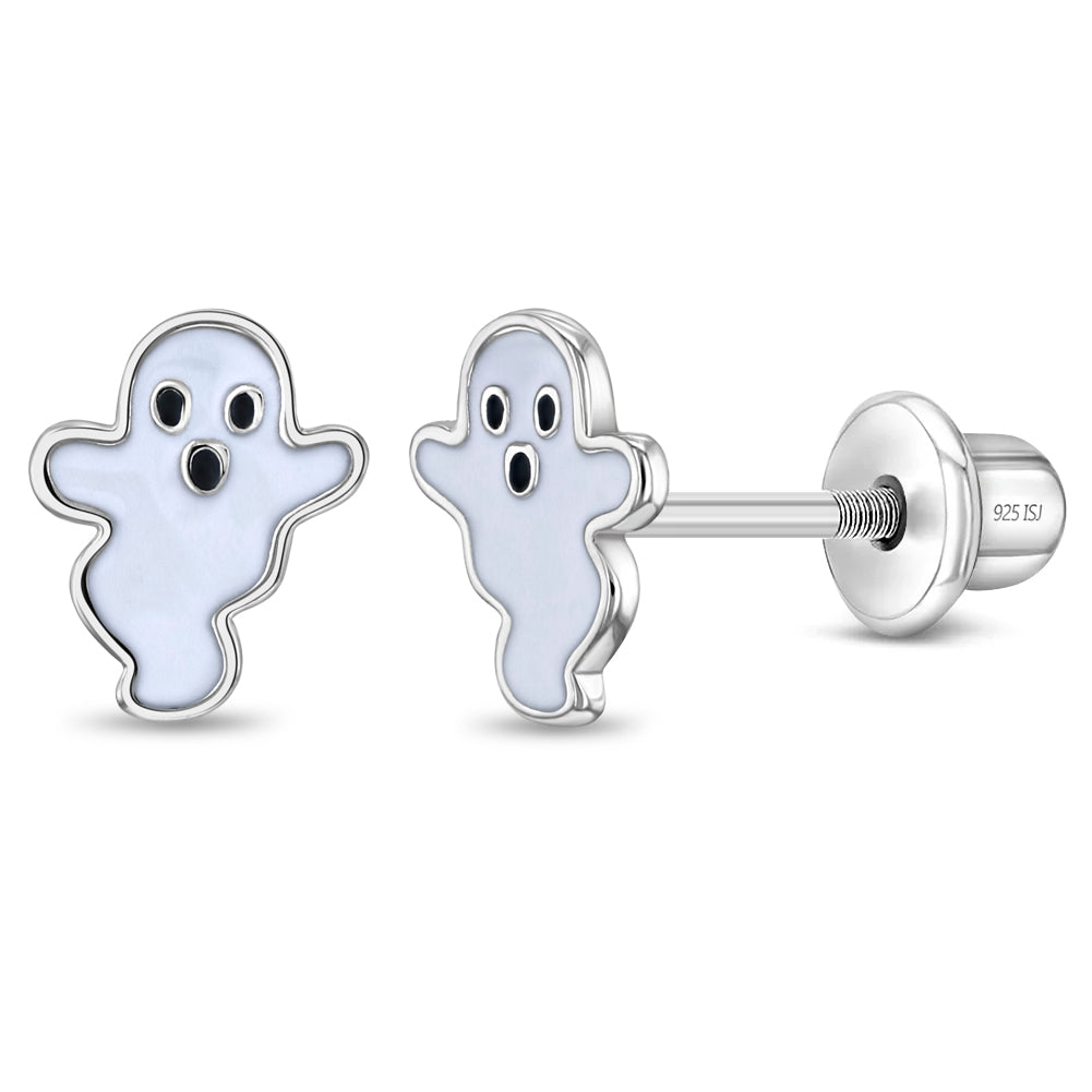 Ghostly Enamel Kids / Children's / Girls Earrings Screw Back Enamel - Sterling Silver
