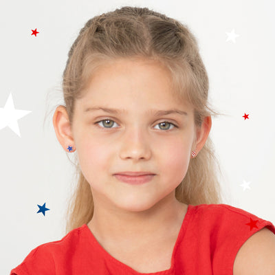 Patriotic Stars Kids / Children's / Girls Earrings Screw Back Enamel - Sterling Silver