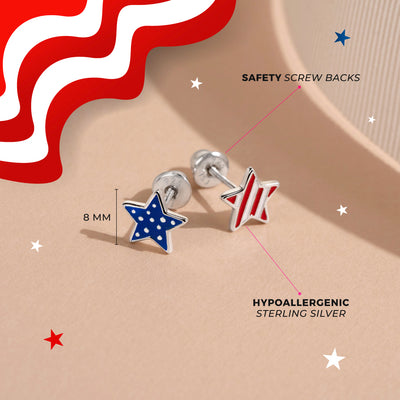 Patriotic Stars Kids / Children's / Girls Earrings Screw Back Enamel - Sterling Silver