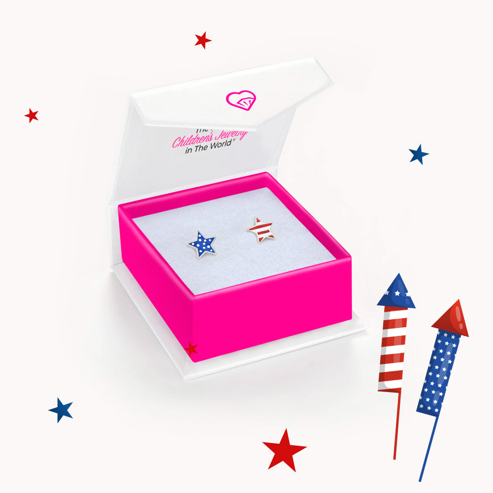 Patriotic Stars Kids / Children's / Girls Earrings Screw Back Enamel - Sterling Silver