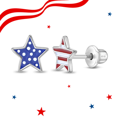 Patriotic Stars Kids / Children's / Girls Earrings Screw Back Enamel - Sterling Silver