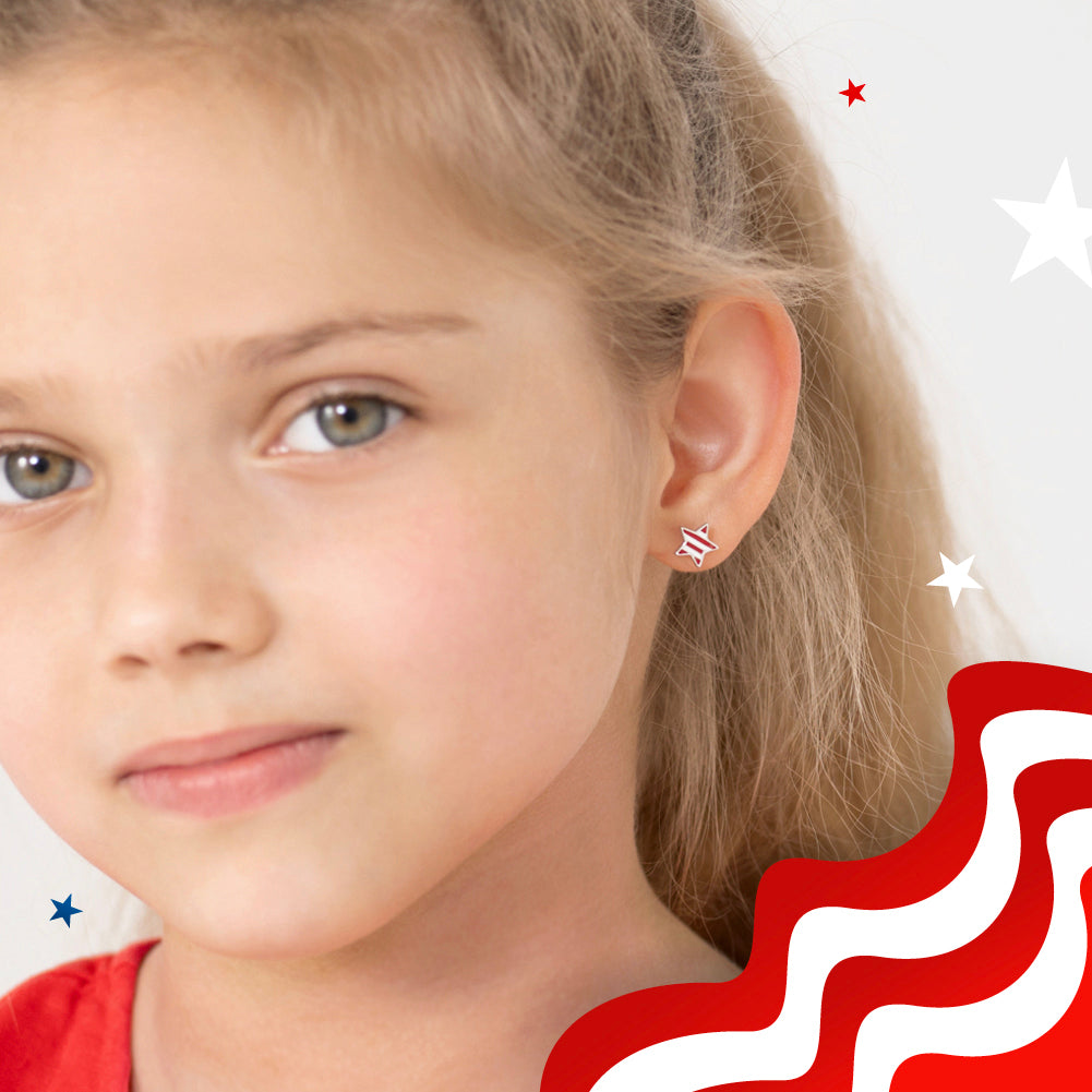 Patriotic Stars Kids / Children's / Girls Earrings Screw Back Enamel - Sterling Silver