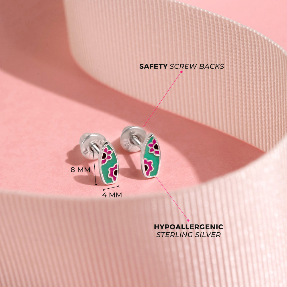 Ride the Wave Kids / Children's / Girls Earrings Screw Back Enamel - Sterling Silver