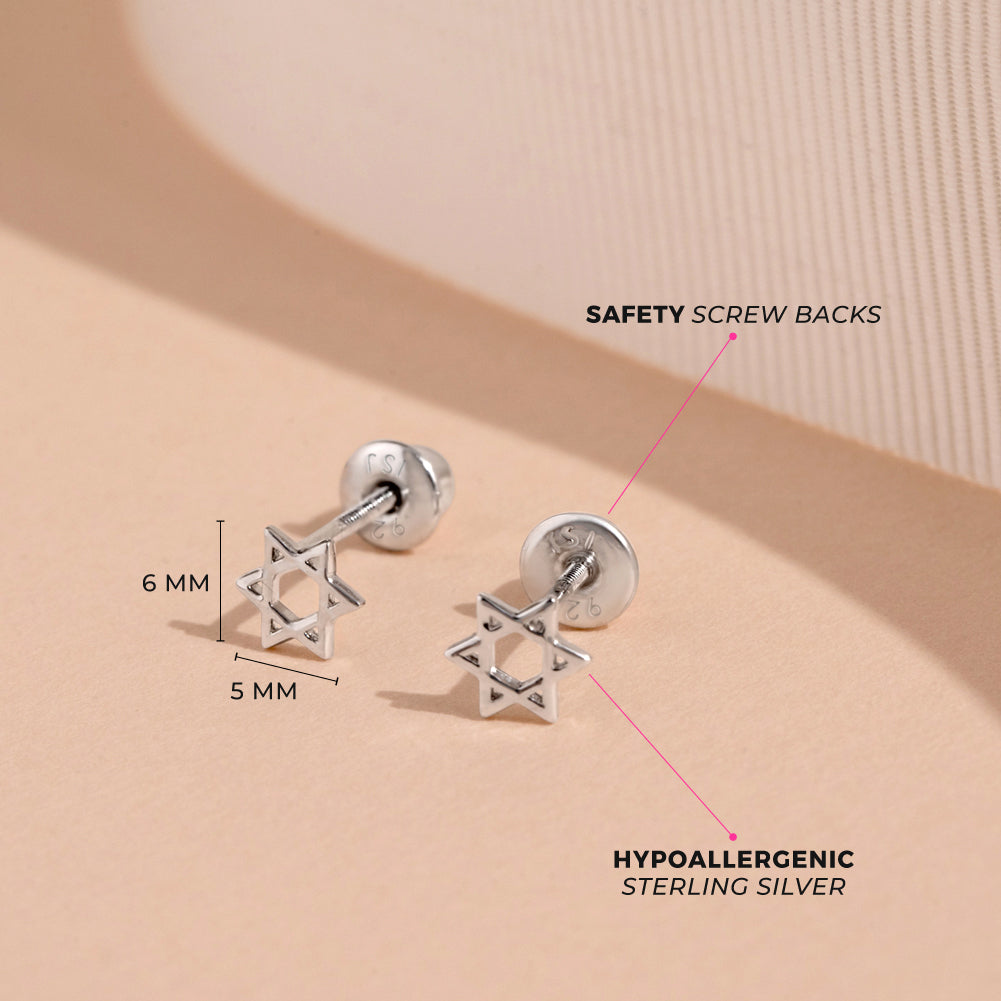 Star of David Kids / Children's / Girls Earrings Screw Back - Sterling Silver