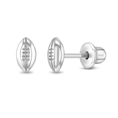 Polished Football Kids / Children's / Girls Earrings Screw Back - Sterling Silver