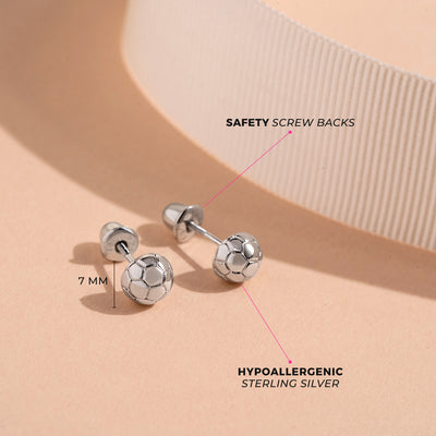 Polished Soccer Ball Kids / Children's / Girls Earrings Screw Back - Sterling Silver