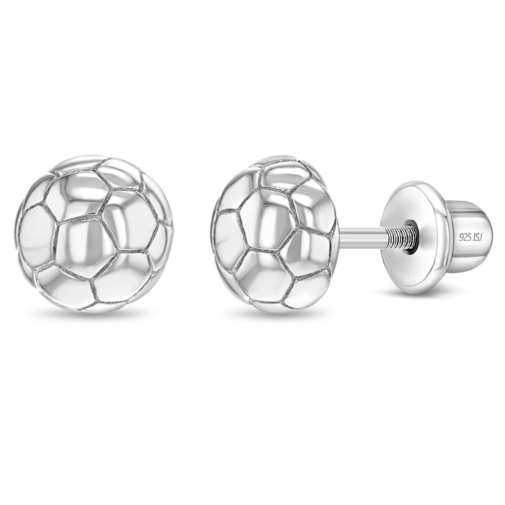 Polished Soccer Ball Kids / Children's / Girls Earrings Screw Back - Sterling Silver