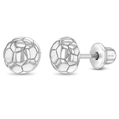 Polished Soccer Ball Kids / Children's / Girls Earrings Screw Back - Sterling Silver