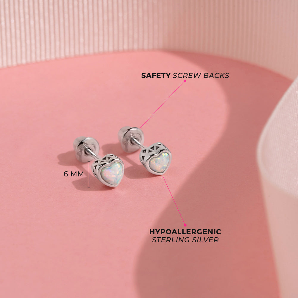Opal Birthstone Heart Baby / Toddler / Kids Earrings Screw Back - Sterling Silver