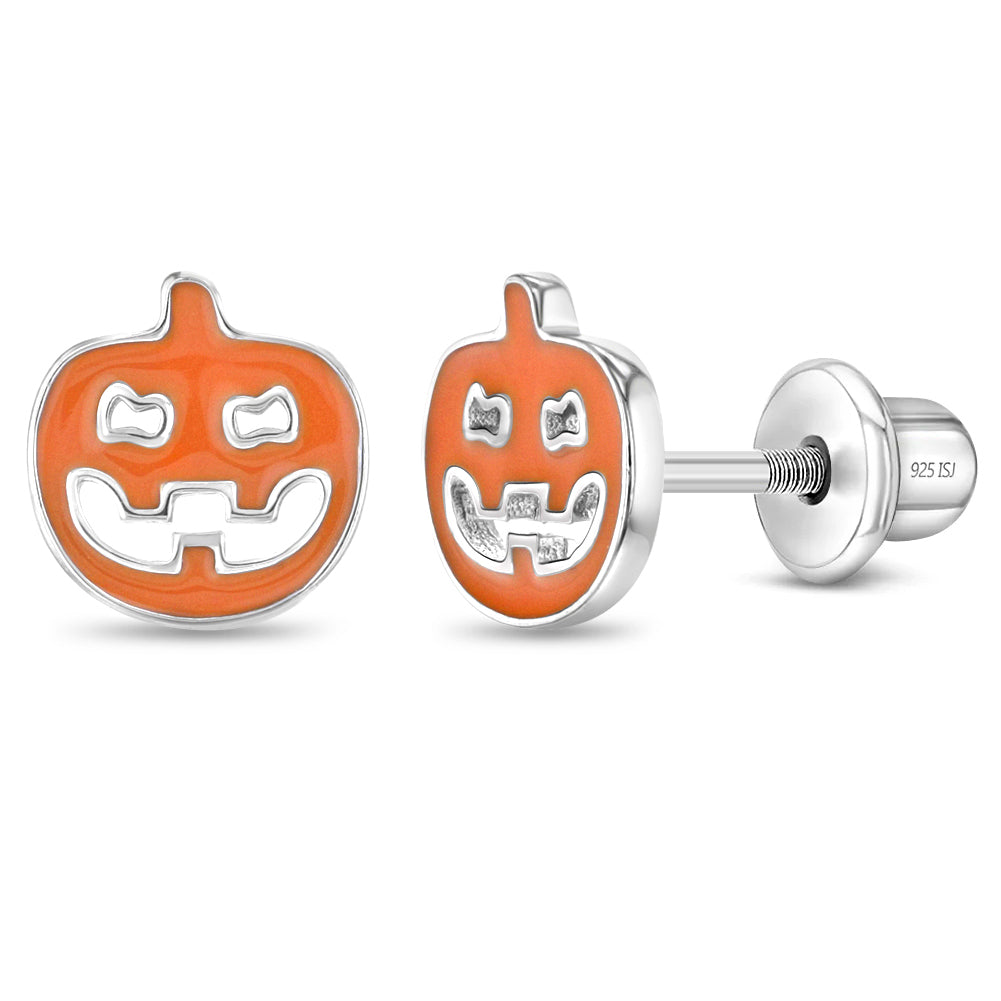 Pumpkin Kids / Children's / Girls Earrings Screw Back Enamel - Sterling Silver