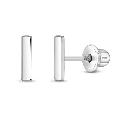 Tiny Polished Bar Kids / Children's / Girls Earrings Screw Back - Sterling Silver