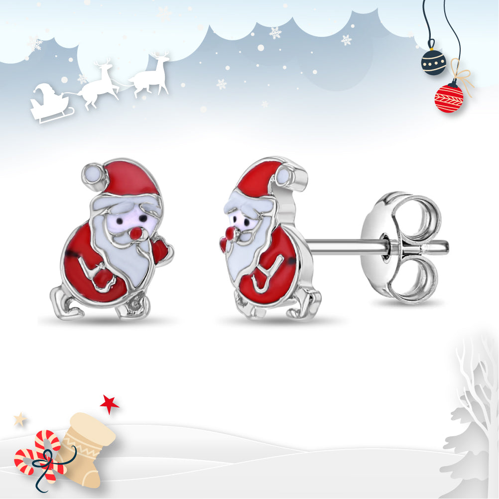 Christmas Santa Kids / Children / Girls Earrings Enamel - Sterling Silver