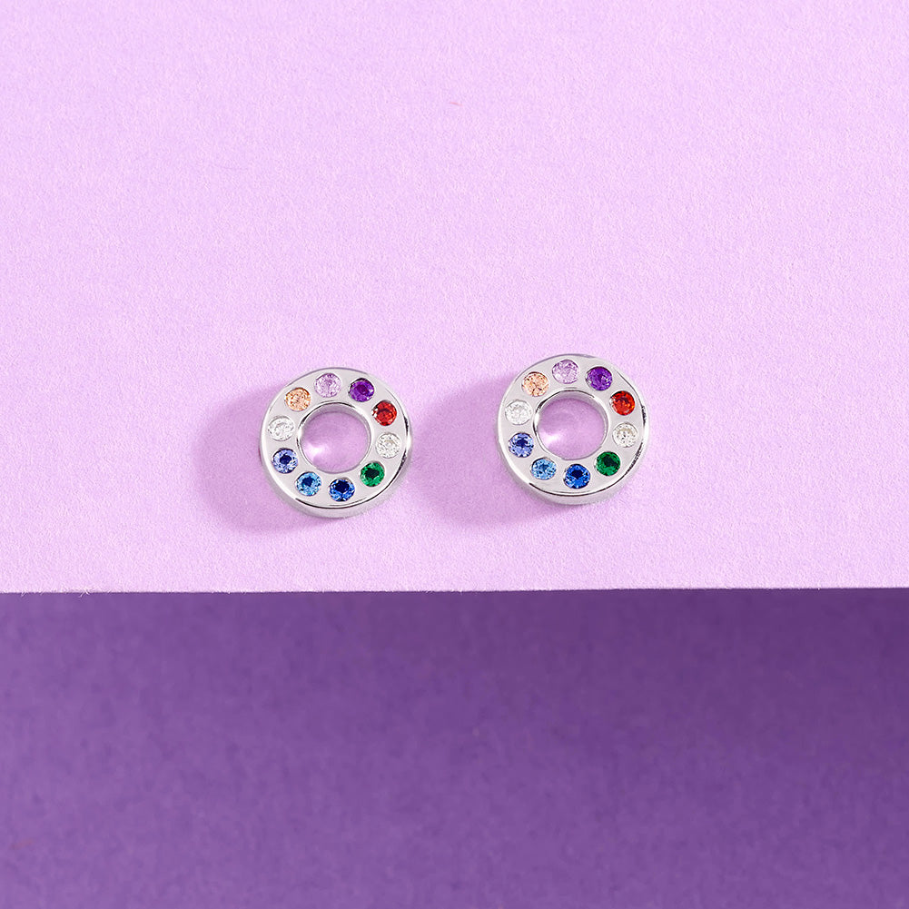 Multicolored Round Kids / Children's / Girls Earrings Screw Back - Sterling Silver