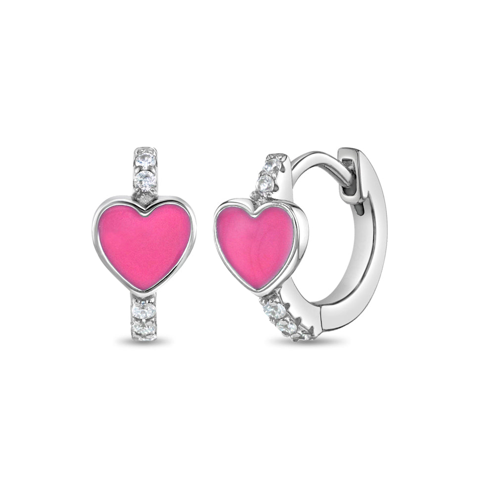Enamel Heart Kids / Children's / Girls Earrings Huggie Hoop - Sterling Silver
