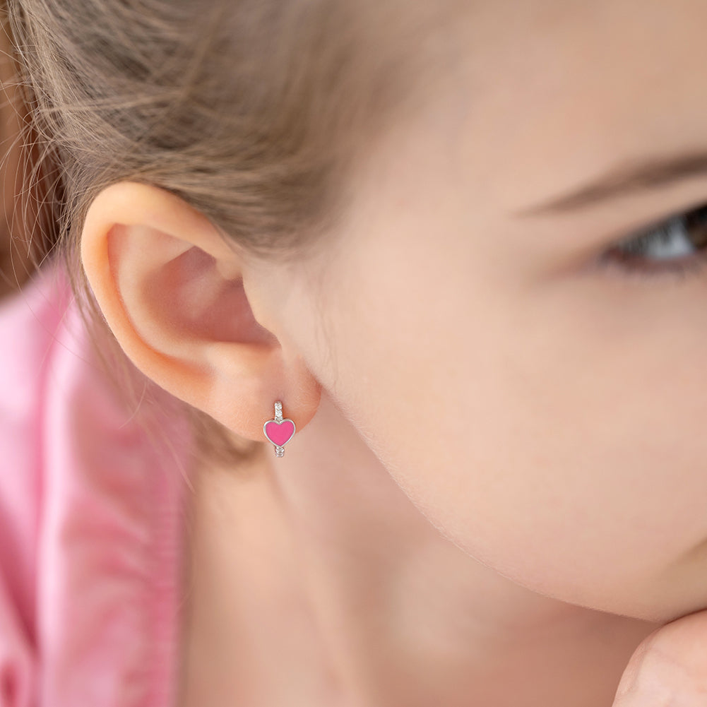 Enamel Heart Kids / Children's / Girls Earrings Huggie Hoop - Sterling Silver