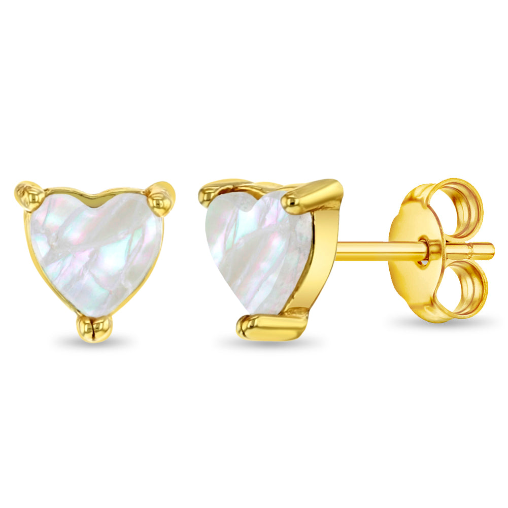 Mother of Pearl Heart Kids / Children Earrings - Sterling Silver Gold Plated