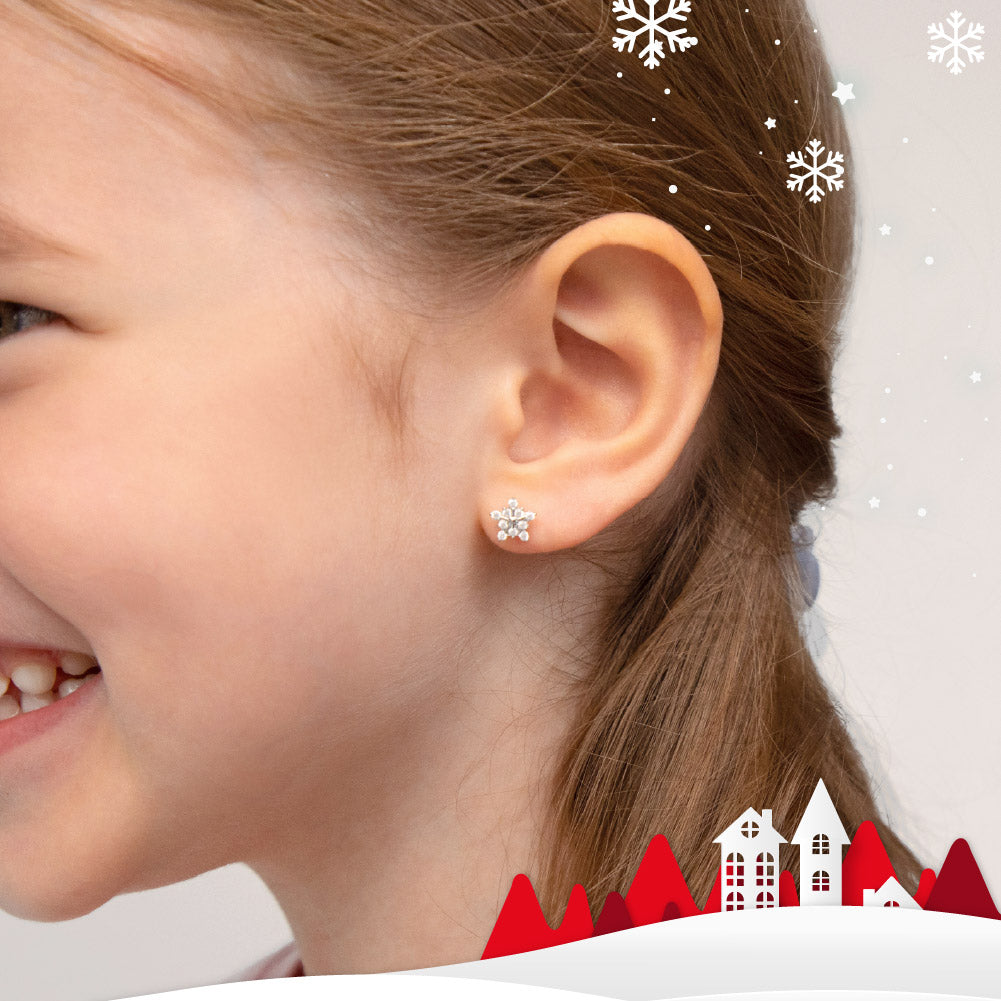 Twinkling Snowflake Kids / Children's / Girls Earrings Screw Back - Sterling Silver