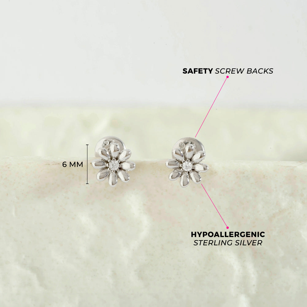 Puffed Blossom Kids / Children's / Girls Earrings Screw Back - Sterling Silver