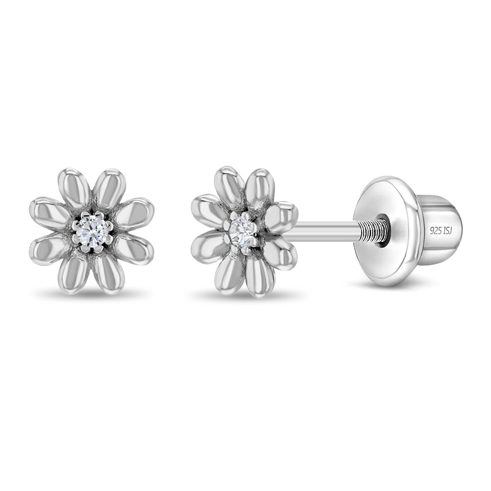 Puffed Blossom Kids / Children's / Girls Earrings Screw Back - Sterling Silver