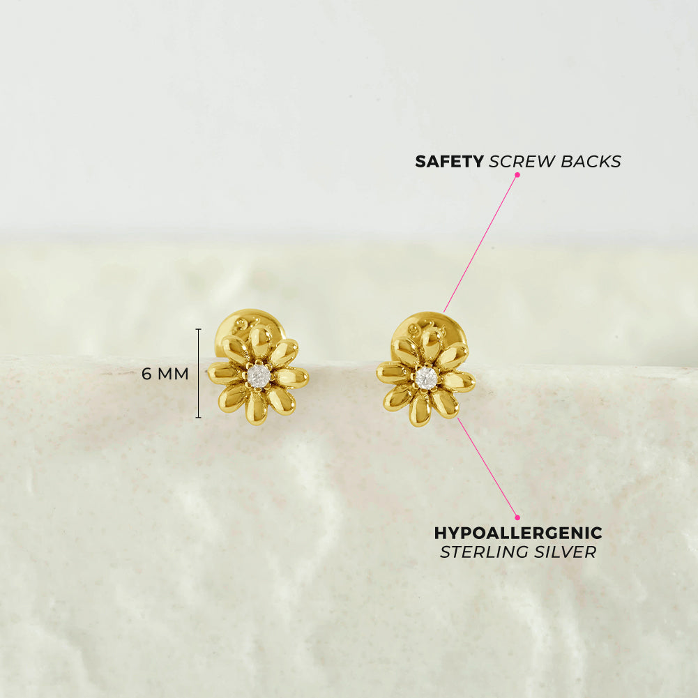 Puffed Blossom Kids / Children's / Girls Earrings Screw Back - Gold Plated Sterling Silver