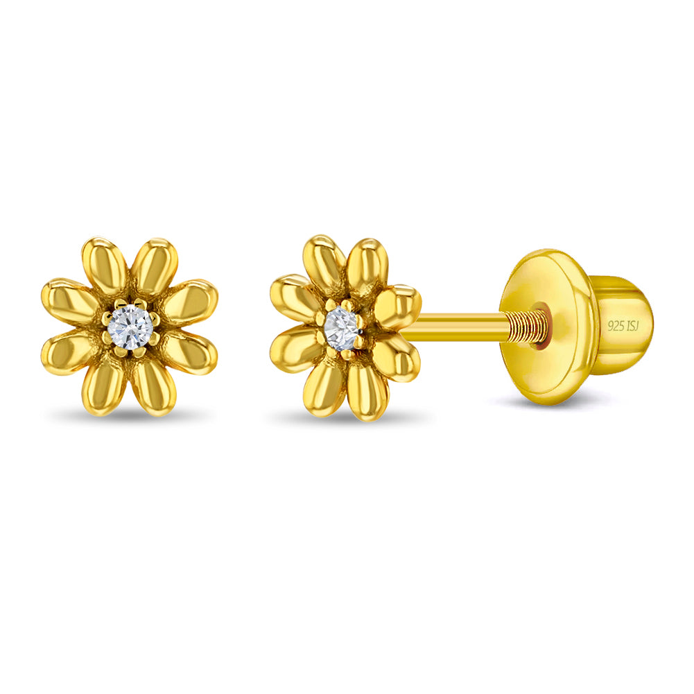 Puffed Blossom Kids / Children's / Girls Earrings Screw Back - Gold Plated Sterling Silver