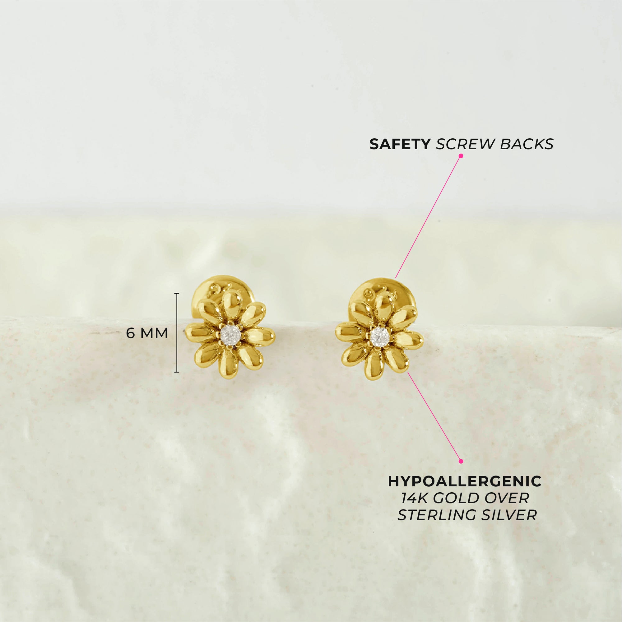 Puffed Blossom Kids / Children's / Girls Earrings Screw Back - 14k Gold Over Sterling Silver