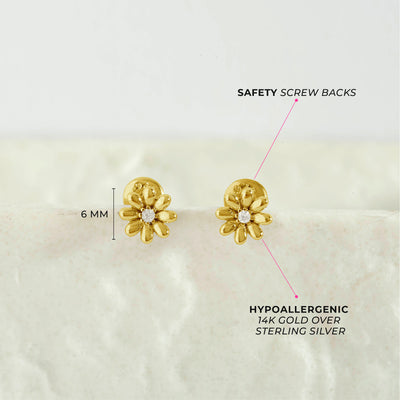 Puffed Blossom Kids / Children's / Girls Earrings Screw Back - 14k Gold Over Sterling Silver