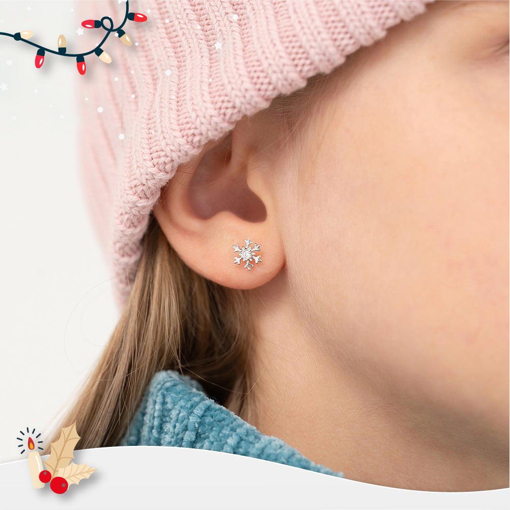 Icy Snowflake Kids / Children's / Girls Earrings Screw Back - Sterling Silver