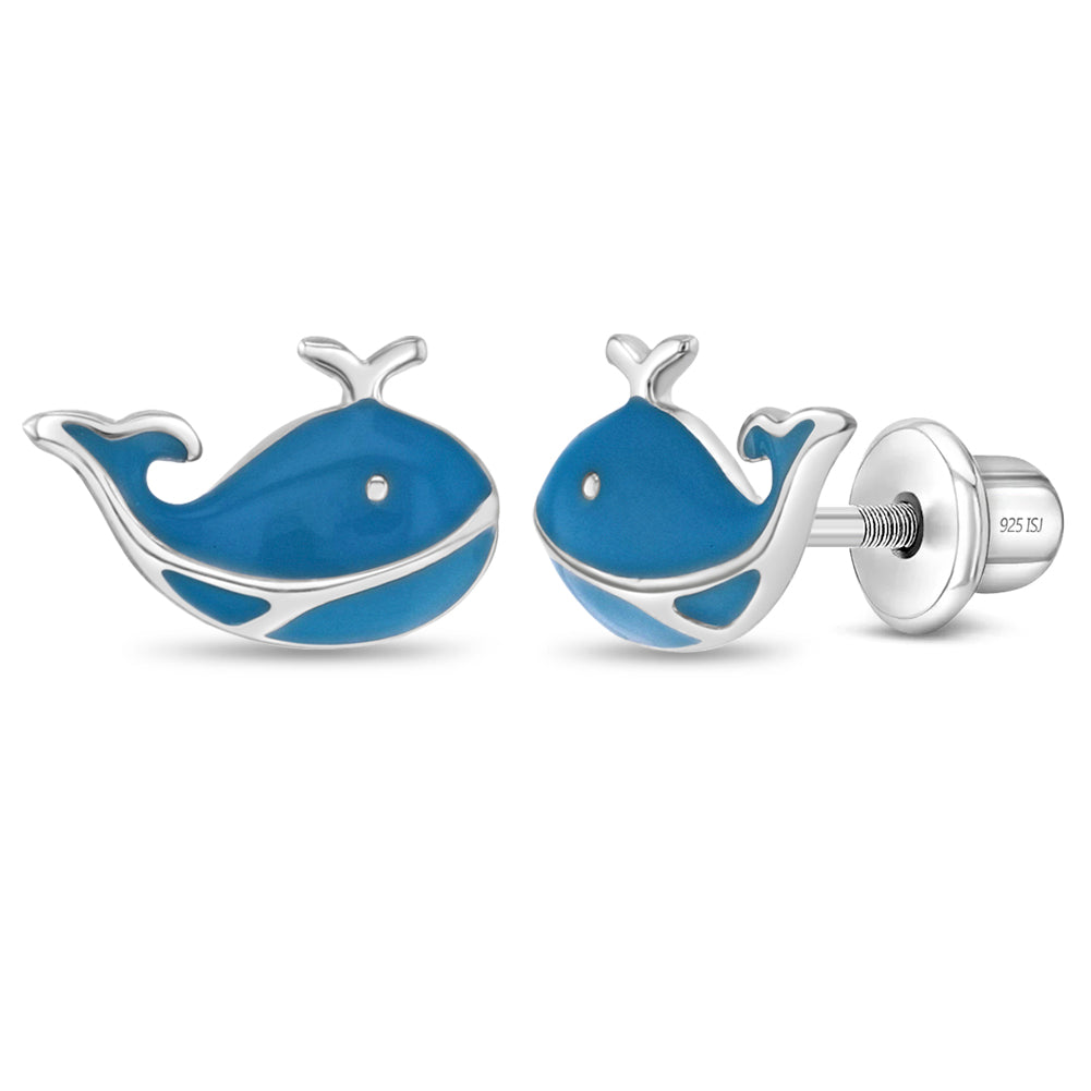 Playful Whale Kids / Children's / Girls Earrings Screw Back Enamel - Sterling Silver