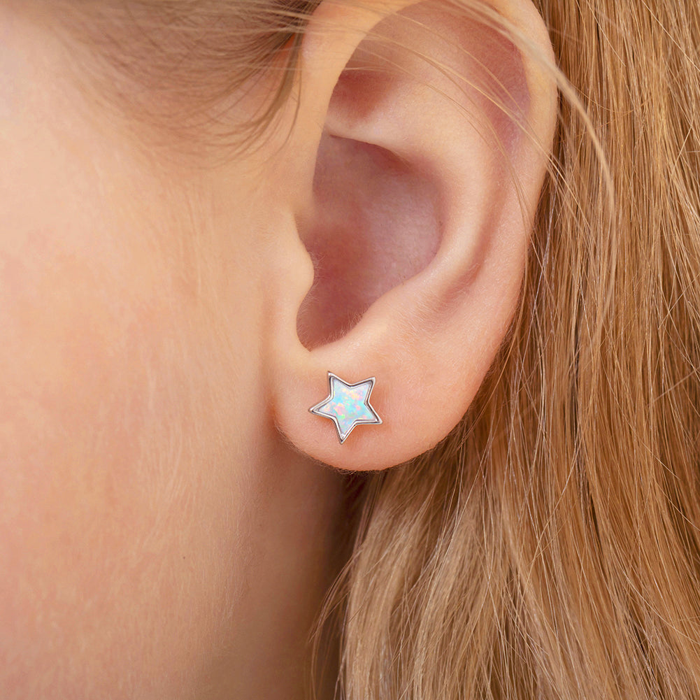 Opal Moon and Star Kids / Children's / Girls Earrings Screw Back - Sterling Silver