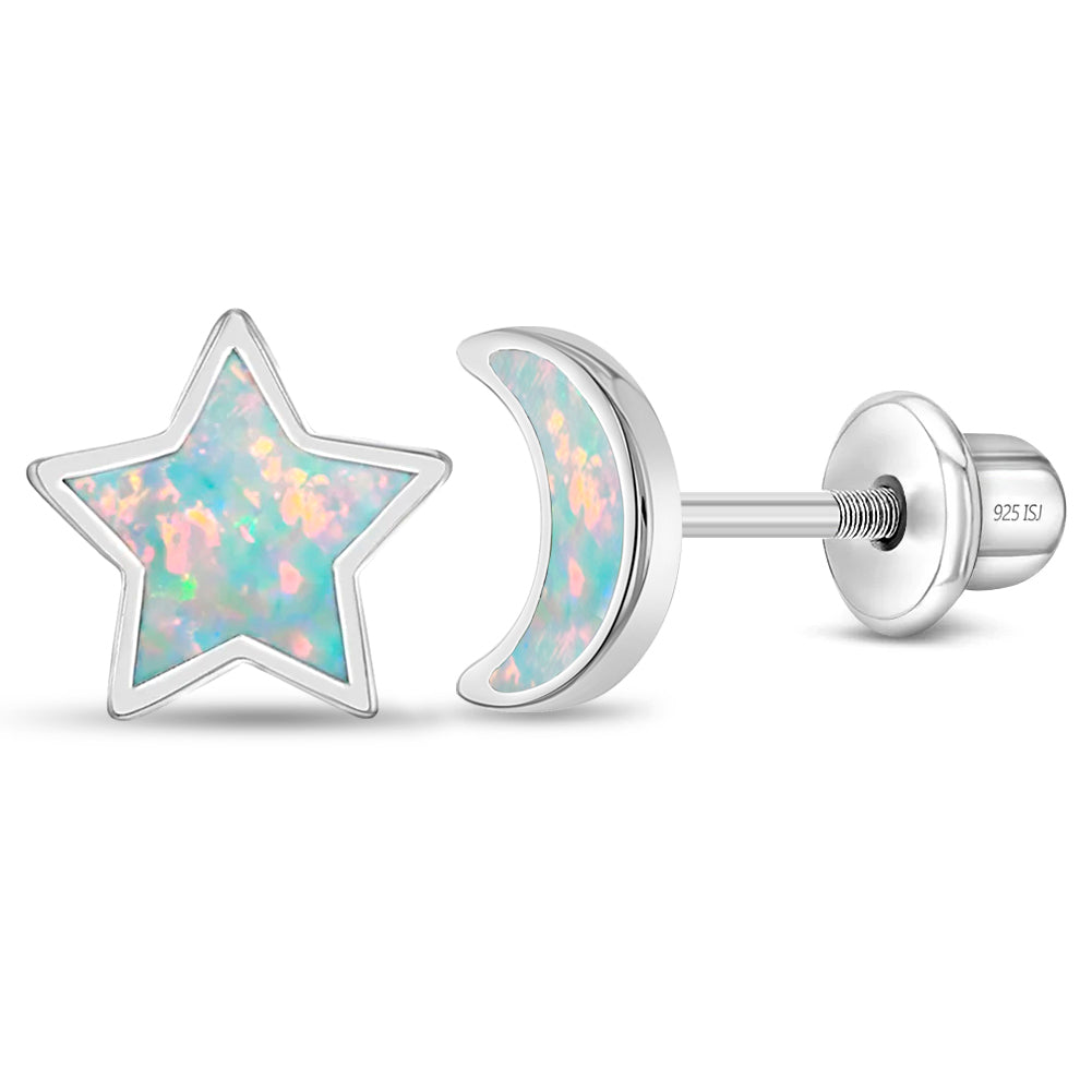 Opal Moon and Star Kids / Children's / Girls Earrings Screw Back - Sterling Silver