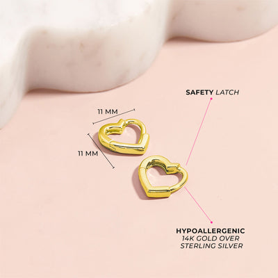 Heart Shaped 8mm Baby / Toddler / Kids Earrings Hoop/Huggie Safety Latch - 14k Gold Over Sterling Silver