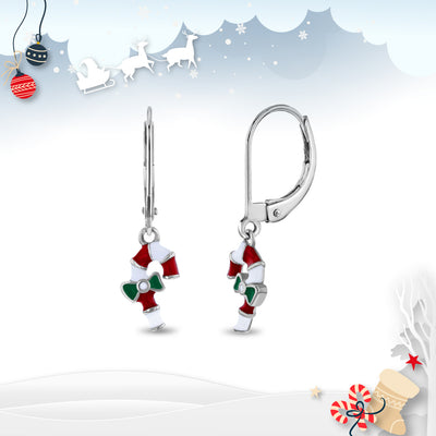 Sweet Candy Cane Kids / Children's / Girls Earrings Lever Back Enamel - Sterling Silver