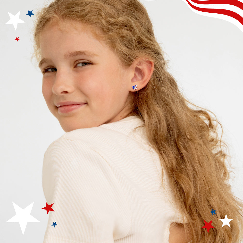 Patriotic Heart Kids / Children's / Girls Earrings Enamel - Sterling Silver