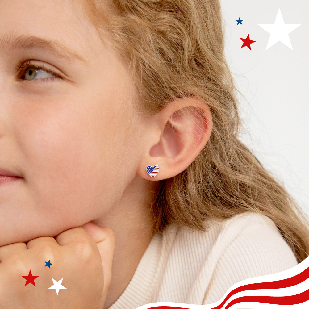 Patriotic Heart Kids / Children's / Girls Earrings Enamel - Sterling Silver