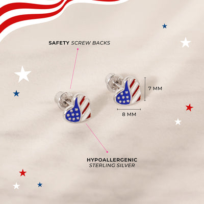Patriotic Heart Kids / Children's / Girls Earrings Enamel - Sterling Silver