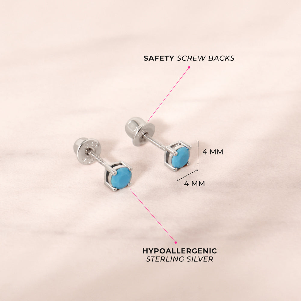 Turquoise CZ Toddler / Kids / Girls Earrings Screw Back - Sterling Silver