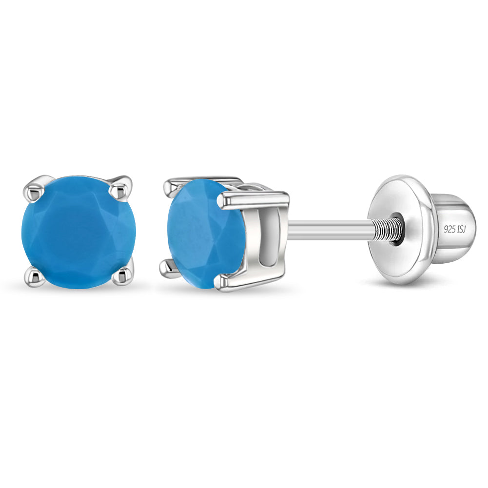 Turquoise CZ Toddler / Kids / Girls Earrings Screw Back - Sterling Silver