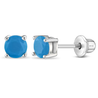Turquoise CZ Toddler / Kids / Girls Earrings Screw Back - Sterling Silver